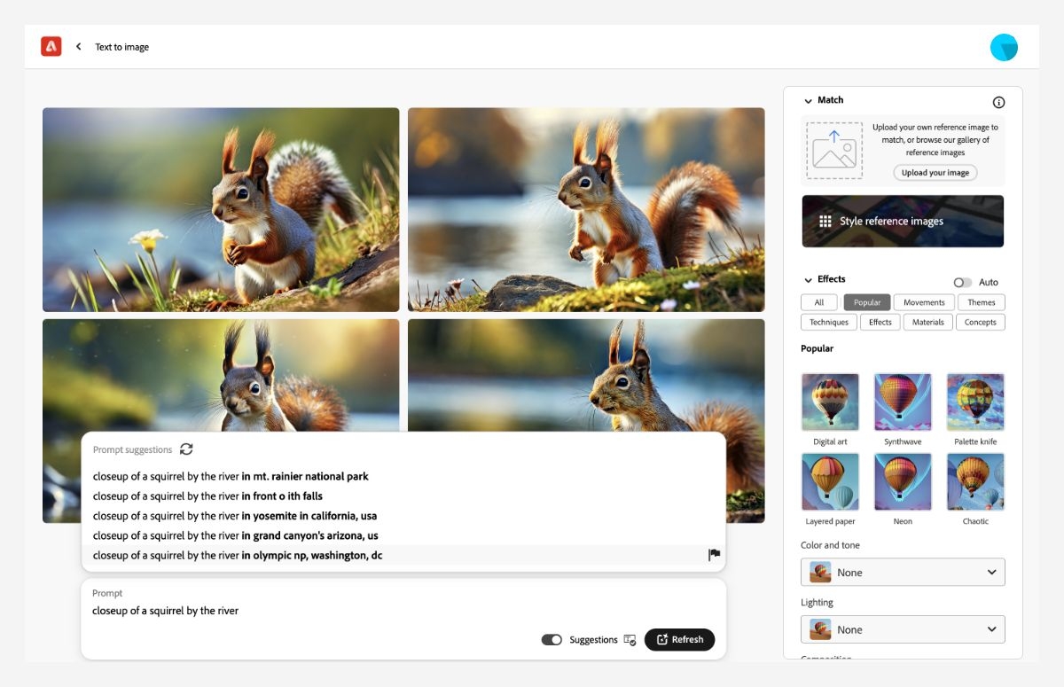 在 Firefly Web 应用程序中使用文本到图像功能时提示建议。