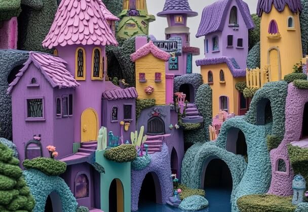 紫色童话：水边小镇的奇幻建筑集